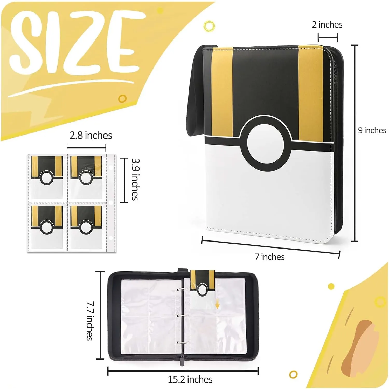 Card Binder 4 Pocket, Trading Card Holder Fits 400 Cards With 50 Removable Sleeves, Portable Collection Card Ablum, Game Card Case book With Zipper for Gift - Black