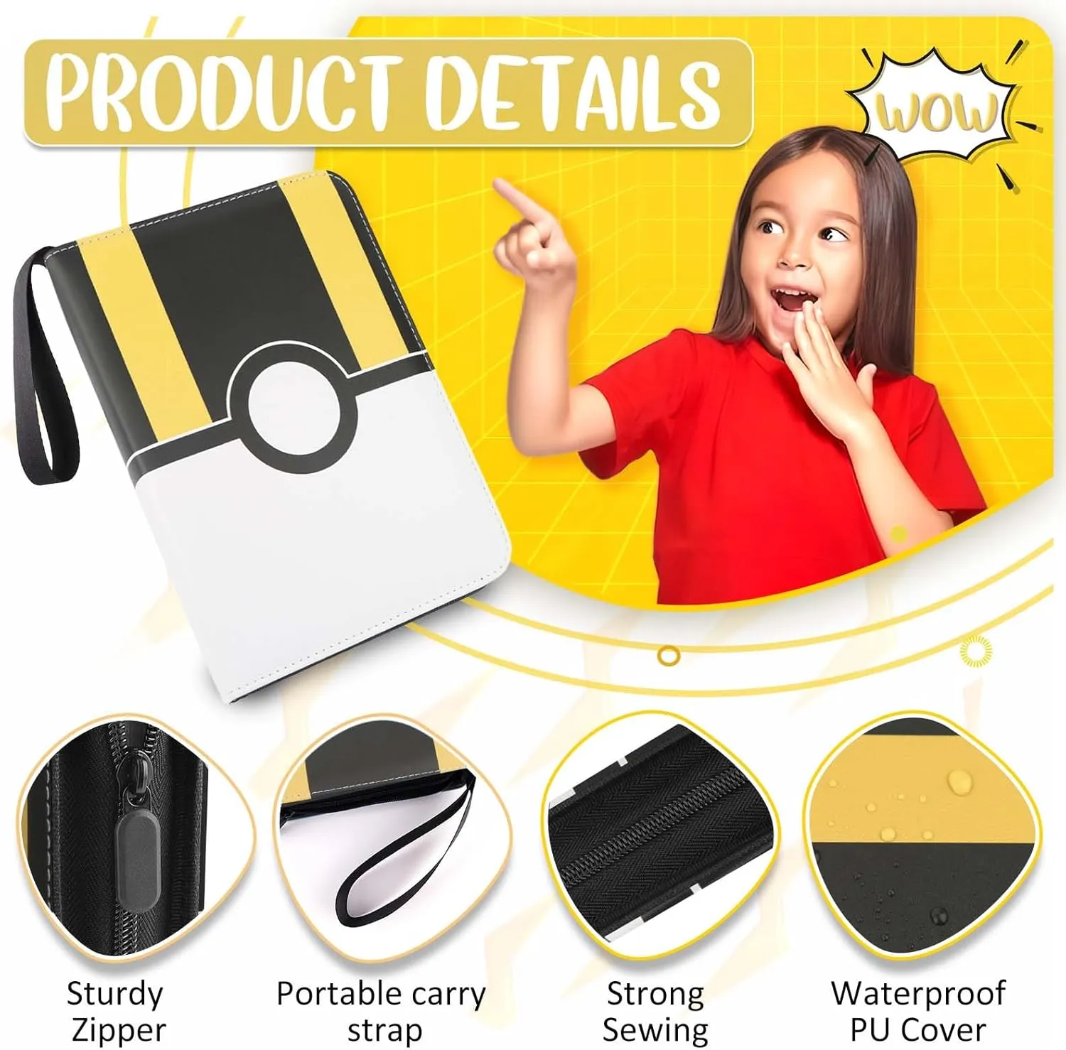 Card Binder 4 Pocket, Trading Card Holder Fits 400 Cards With 50 Removable Sleeves, Portable Collection Card Ablum, Game Card Case book With Zipper for Gift - Black