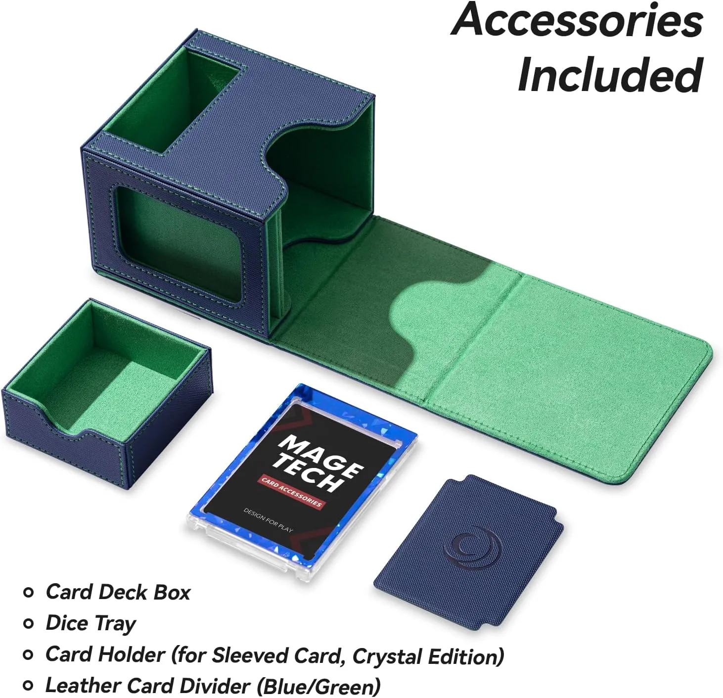 Card Deck Box for MTG Commander - Patented Design, Commander Display, Fits 100 Double-Sleeved Cards, 35pt Card Brick & Dice Tray - Blue/Green