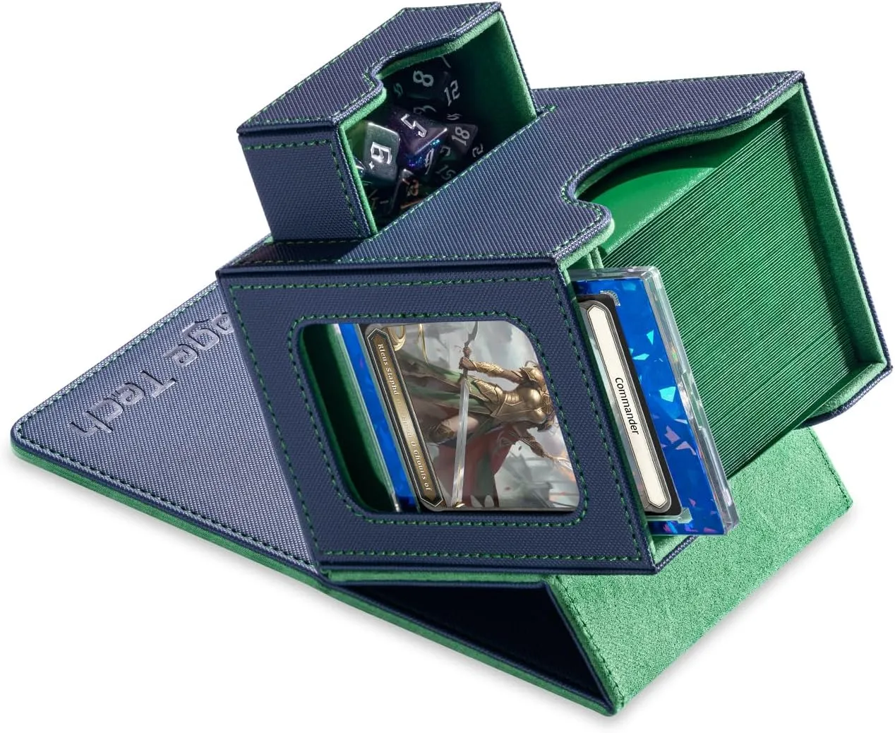 Card Deck Box for MTG Commander - Patented Design, Commander Display, Fits 100 Double-Sleeved Cards, 35pt Card Brick & Dice Tray - Blue/Green