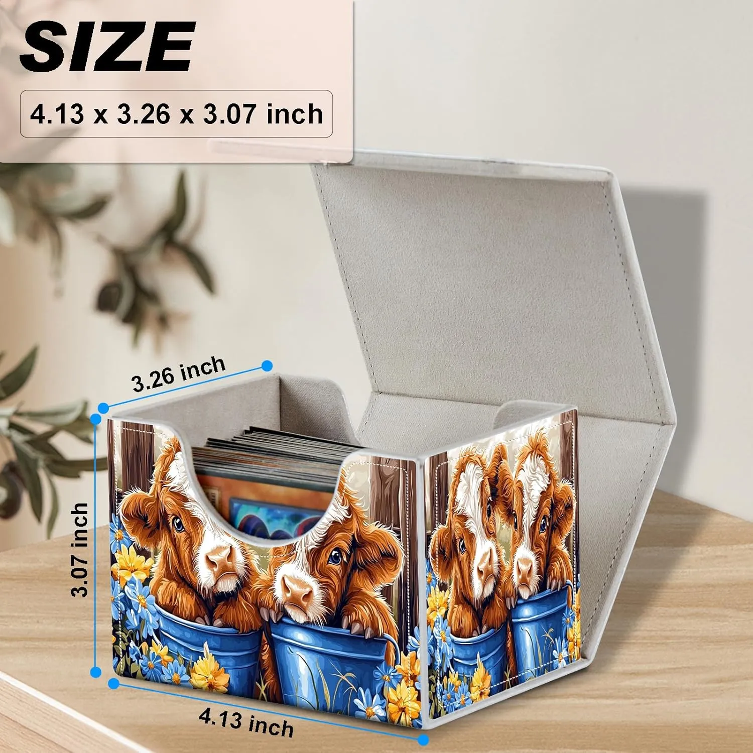 Card Deck Box for MTG, Microfiber Lining and Waterproof PU Leather Large Size Card Box, Fit 100  Single Sleeved Cards, Strong Magnet Collectible Card Storage Box Fit TCG Fit MTG, Cute Flowers Cow