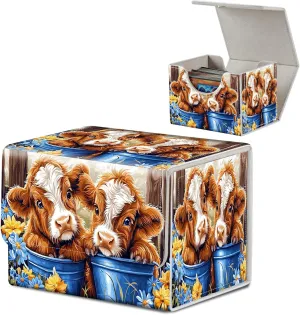 Card Deck Box for MTG, Microfiber Lining and Waterproof PU Leather Large Size Card Box, Fit 100  Single Sleeved Cards, Strong Magnet Collectible Card Storage Box Fit TCG Fit MTG, Cute Flowers Cow