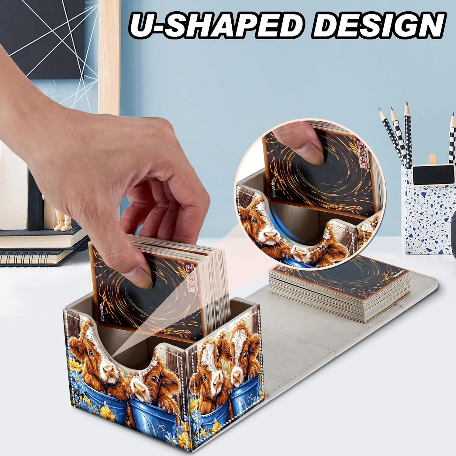Card Deck Box for MTG, Microfiber Lining and Waterproof PU Leather Large Size Card Box, Fit 100  Single Sleeved Cards, Strong Magnet Collectible Card Storage Box Fit TCG Fit MTG, Cute Flowers Cow