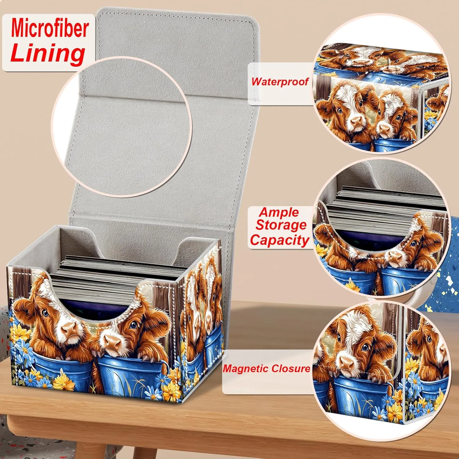 Card Deck Box for MTG, Microfiber Lining and Waterproof PU Leather Large Size Card Box, Fit 100  Single Sleeved Cards, Strong Magnet Collectible Card Storage Box Fit TCG Fit MTG, Cute Flowers Cow