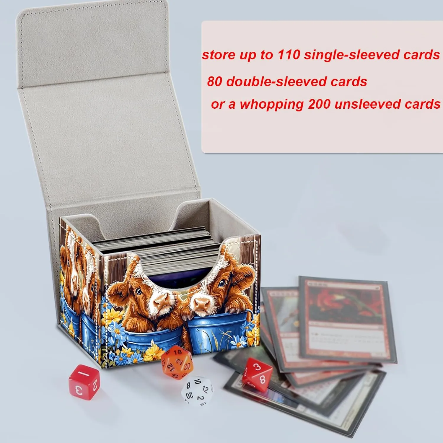 Card Deck Box for MTG, Microfiber Lining and Waterproof PU Leather Large Size Card Box, Fit 100  Single Sleeved Cards, Strong Magnet Collectible Card Storage Box Fit TCG Fit MTG, Cute Flowers Cow