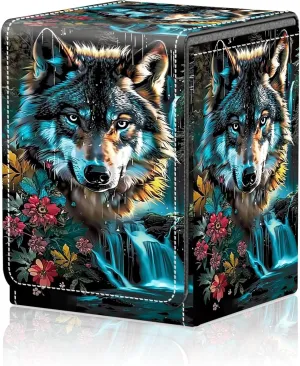 Card Deck Box for MTG Trading Cards, Magic Card Box Can Hold 110  Single Sleeved Cards, Waterproof PU Leather Material, Strong Magnetic Buckle Card Set Box Suitable for TCG CCG, Colorful Blue Wolf