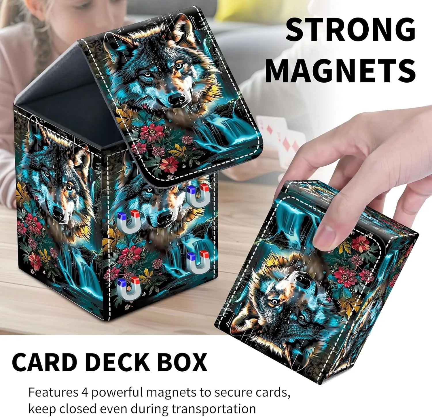 Card Deck Box for MTG Trading Cards, Magic Card Box Can Hold 110  Single Sleeved Cards, Waterproof PU Leather Material, Strong Magnetic Buckle Card Set Box Suitable for TCG CCG, Colorful Blue Wolf
