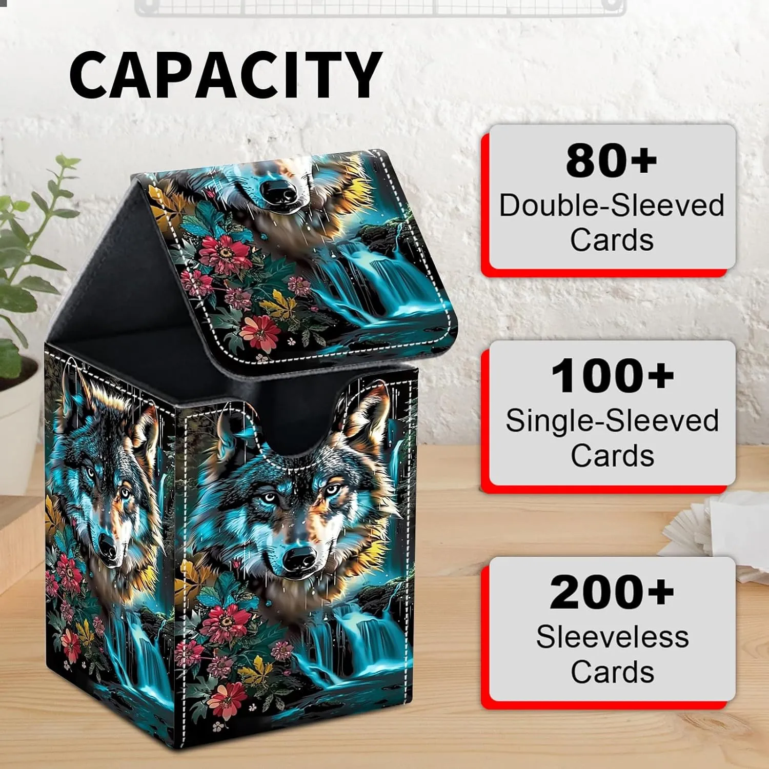 Card Deck Box for MTG Trading Cards, Magic Card Box Can Hold 110  Single Sleeved Cards, Waterproof PU Leather Material, Strong Magnetic Buckle Card Set Box Suitable for TCG CCG, Colorful Blue Wolf