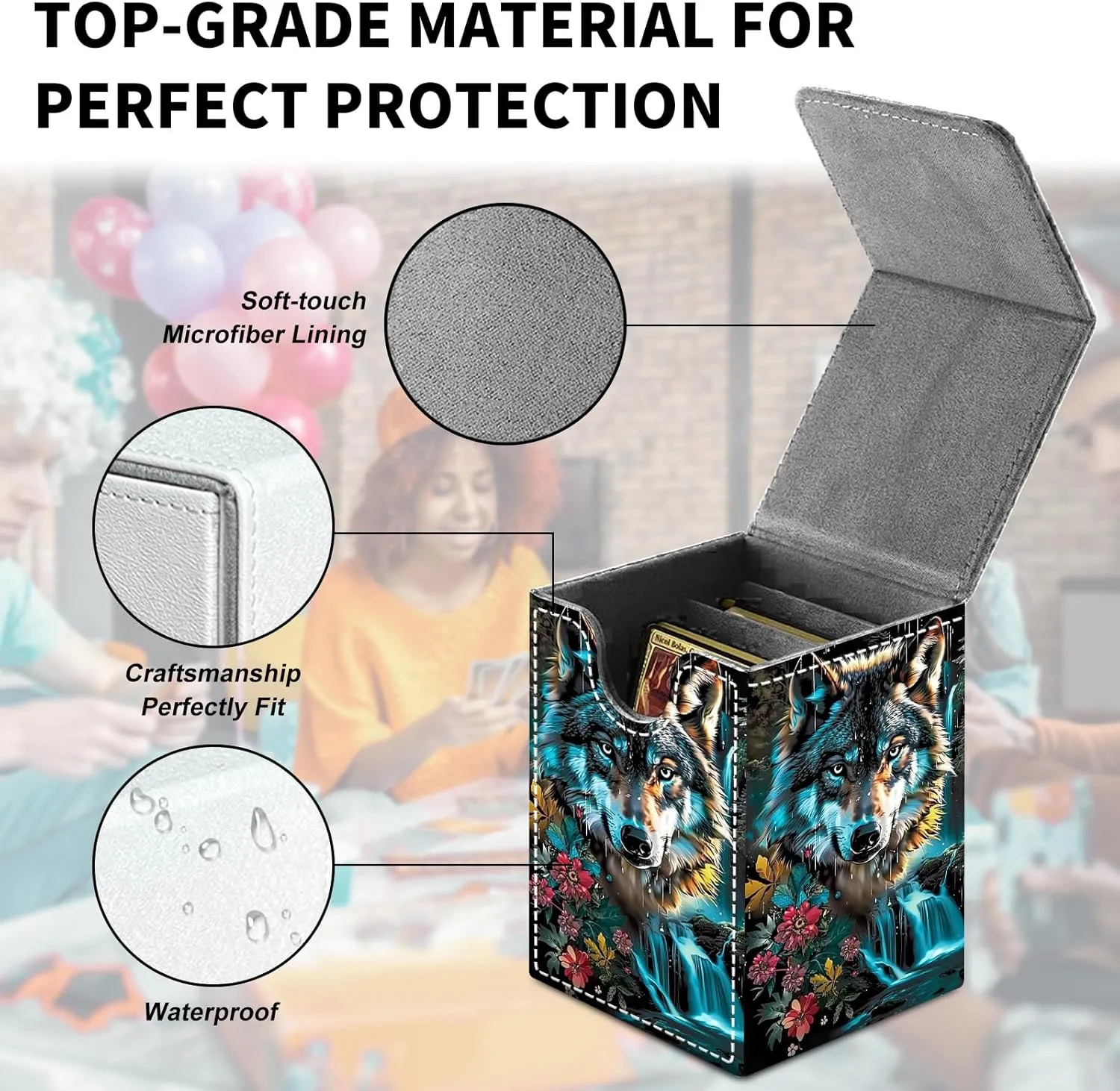 Card Deck Box for MTG Trading Cards, Magic Card Box Can Hold 110  Single Sleeved Cards, Waterproof PU Leather Material, Strong Magnetic Buckle Card Set Box Suitable for TCG CCG, Colorful Blue Wolf