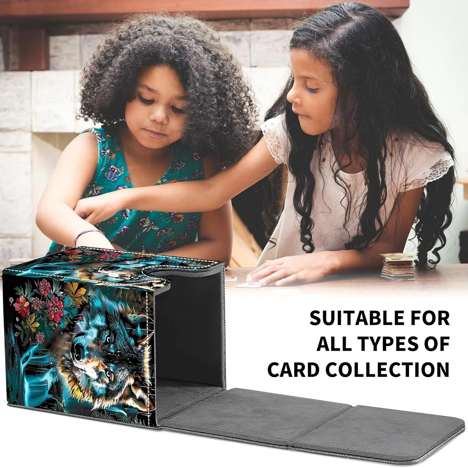 Card Deck Box for MTG Trading Cards, Magic Card Box Can Hold 110  Single Sleeved Cards, Waterproof PU Leather Material, Strong Magnetic Buckle Card Set Box Suitable for TCG CCG, Colorful Blue Wolf