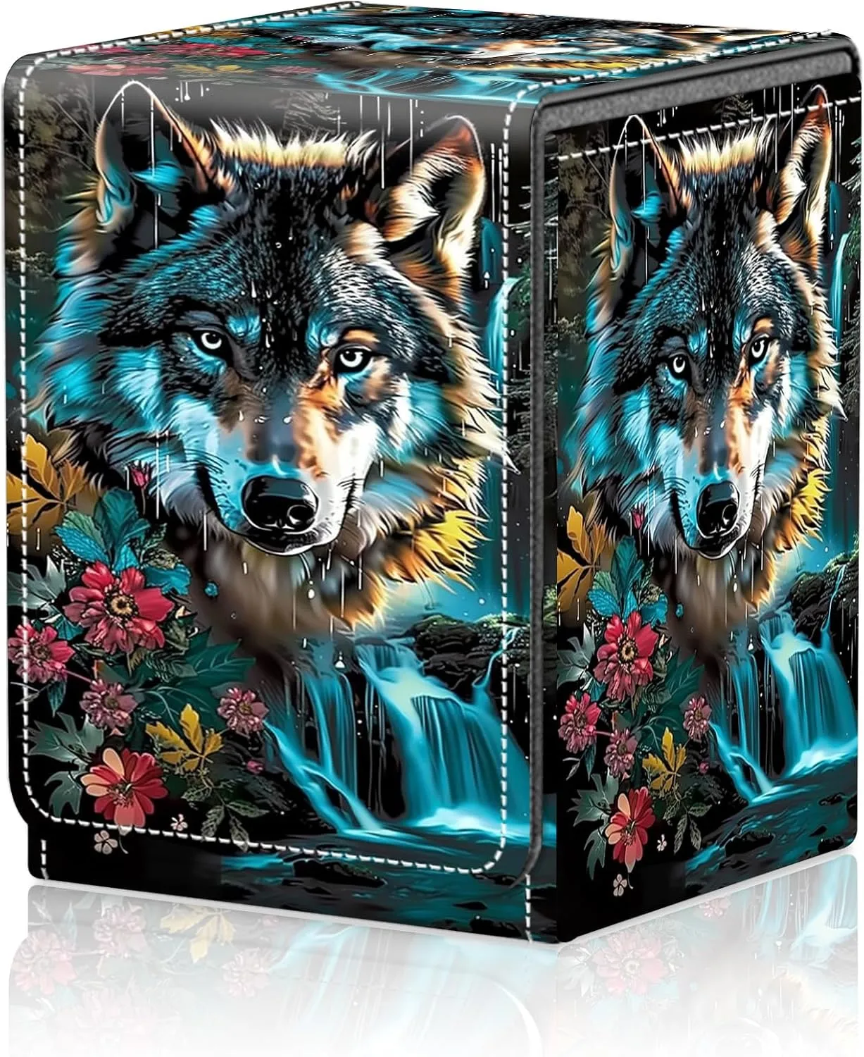 Card Deck Box for MTG Trading Cards, Magic Card Box Can Hold 110  Single Sleeved Cards, Waterproof PU Leather Material, Strong Magnetic Buckle Card Set Box Suitable for TCG CCG, Colorful Blue Wolf