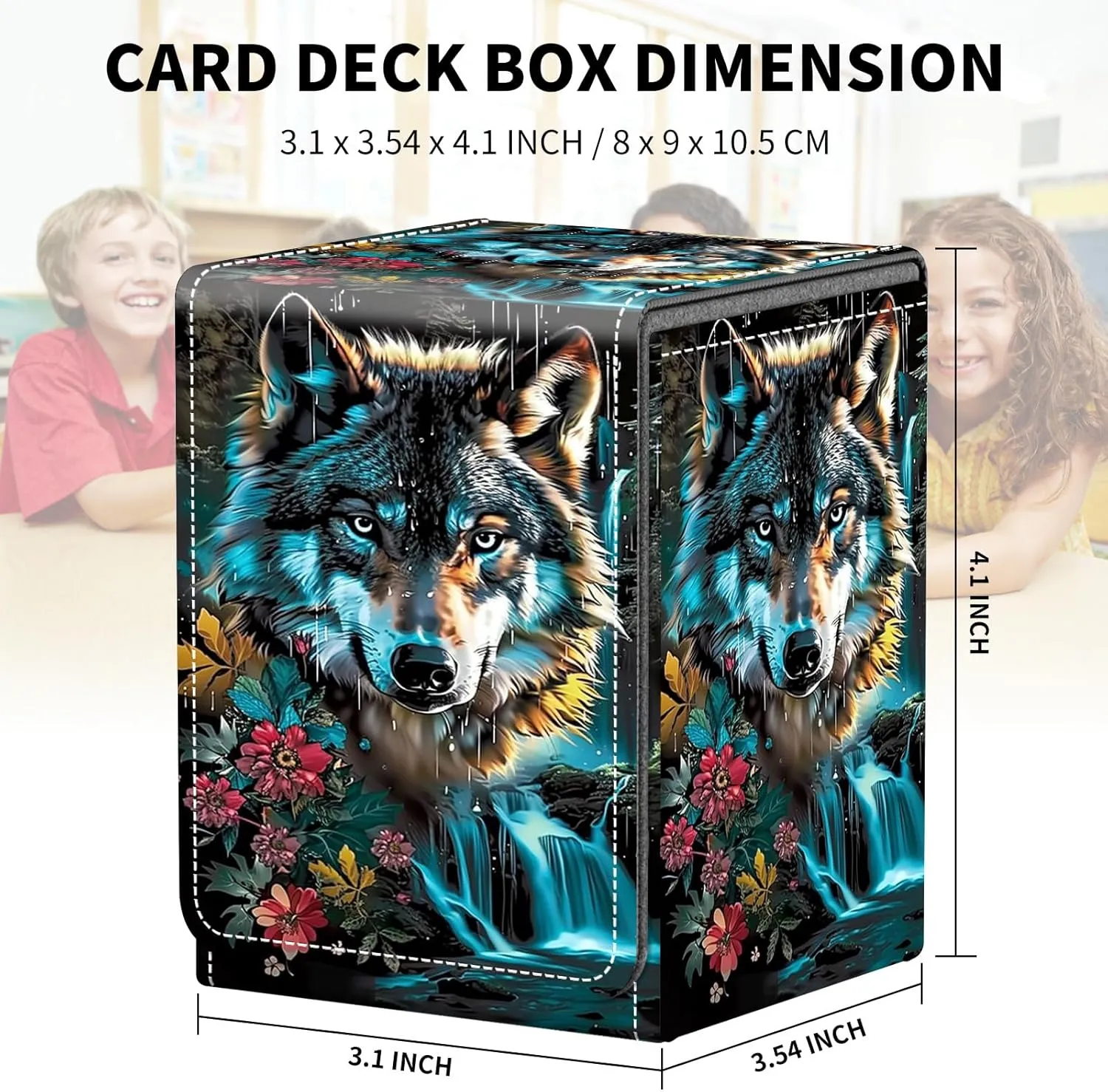 Card Deck Box for MTG Trading Cards, Magic Card Box Can Hold 110  Single Sleeved Cards, Waterproof PU Leather Material, Strong Magnetic Buckle Card Set Box Suitable for TCG CCG, Colorful Blue Wolf