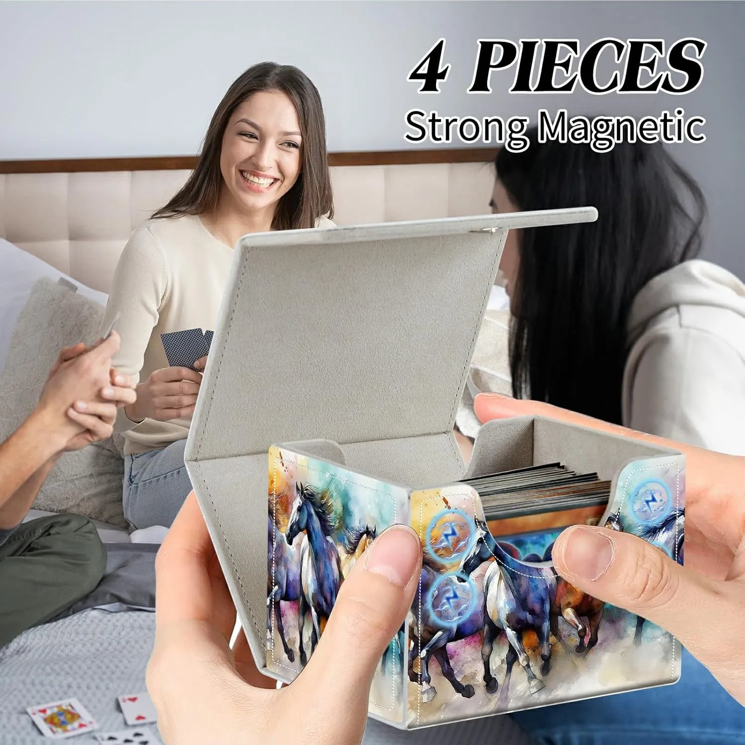Card Deck Box for Trading Cards Commander Deck Box Card Storage Box with Strong Magnet Magic Premium Gathering Deck Box Cover for TCG CCG Magic Cards,Horses Running
