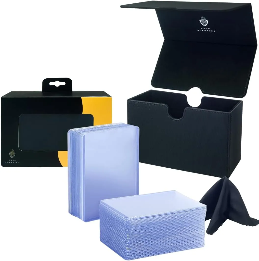 Card Guardian - Toploader Bundle | Premium Deck Box with 100 Toploaders and Penny Sleeves with a Cleaning Cloth (Black) | Compatible with Sports and Trading Cards