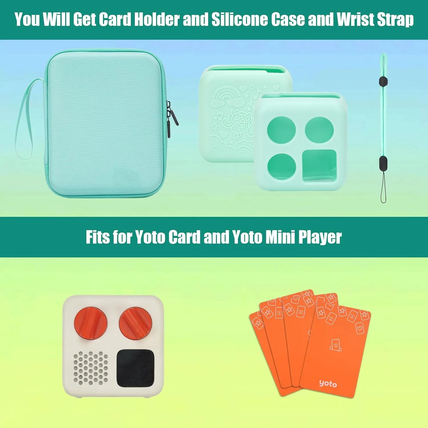 Card Holder for Yoto Cards – Kids Accessory, Soft Portable Folder with Zipper & 96 Pockets Player & Mini Audiobook Cards, Card Binder Case with Yoto Mini Silicone Case for Travel (Green)