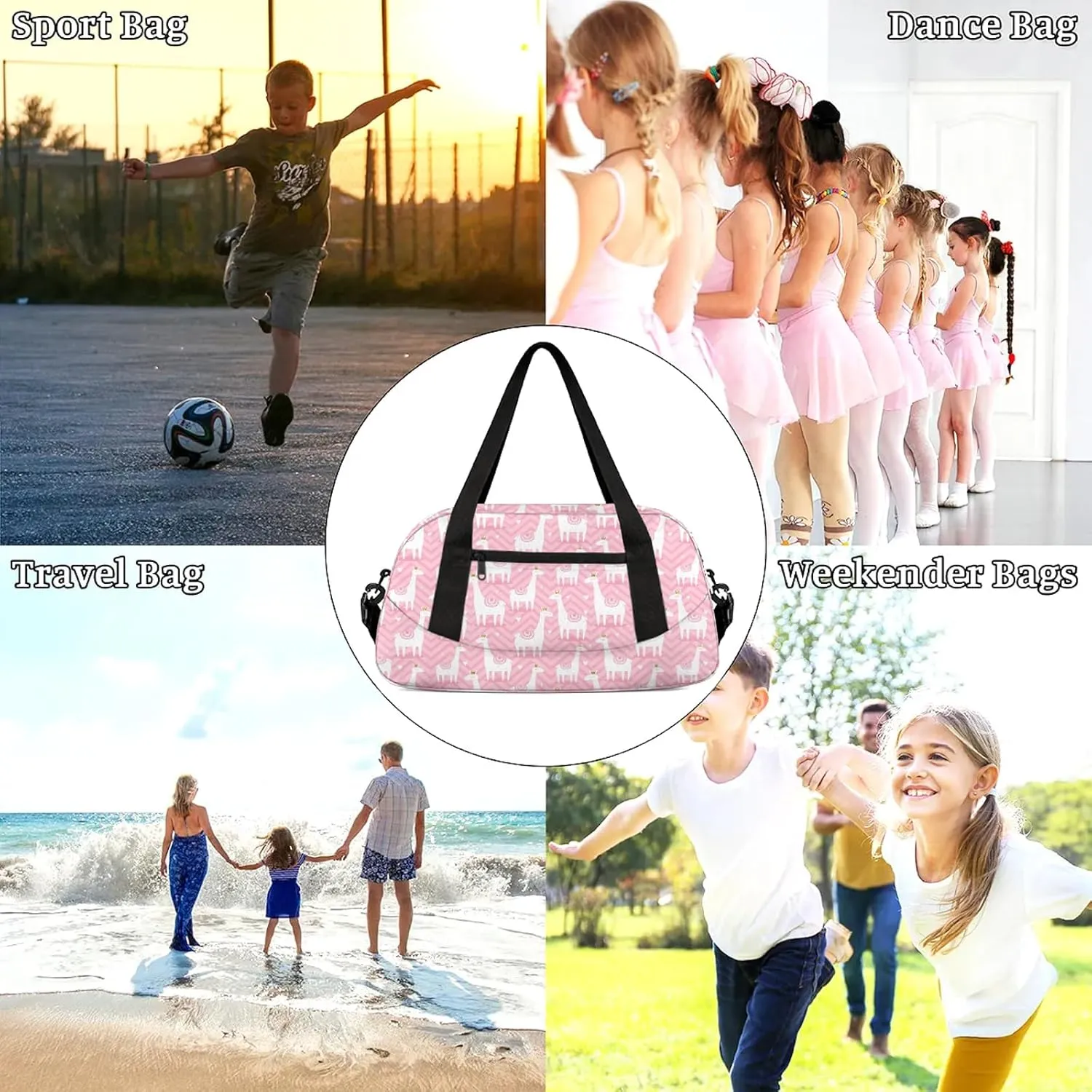 Cartoon Giraffe Pattern Kids Duffel Bag Lightweight Waterproof Sports Gym Bag with Front Zipper Pocket Foldable Weekender Overnight Bag for School Practice Gymnastic Ballet