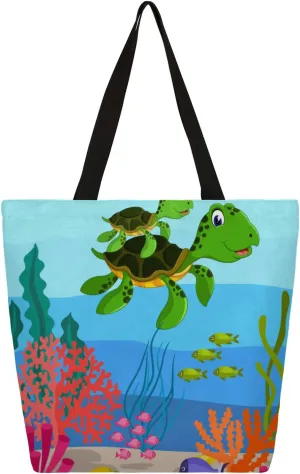 Cartoon Sea Turtle Coral Seaweed Large Capacity Canvas Tote Bag Stylish Handheld Shoulder Bag Reusable Shopping Bag for Work Travel Beach Trips Shopping