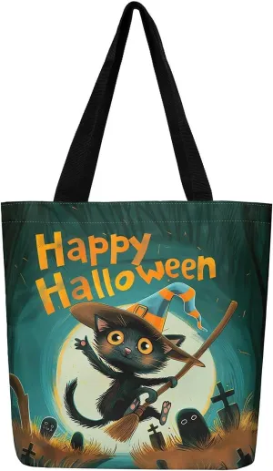 Castle Fairy Halloween Theme Canvas Tote Bag,Cartoon Pumpking Shopping Grocery Bags,Cute Animal Ghost Shoulder Handbags