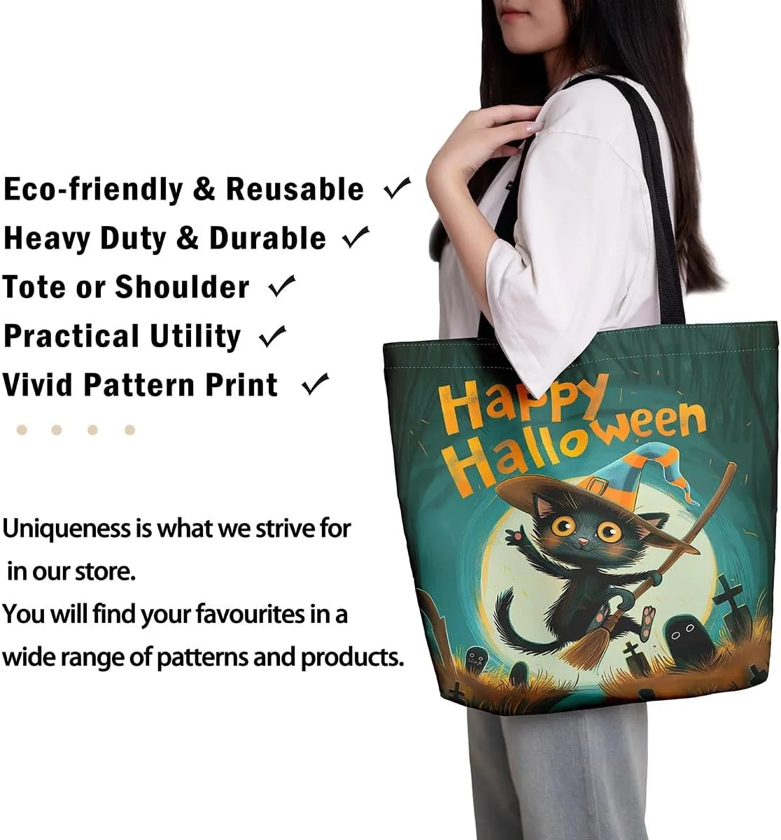 Castle Fairy Halloween Theme Canvas Tote Bag,Cartoon Pumpking Shopping Grocery Bags,Cute Animal Ghost Shoulder Handbags