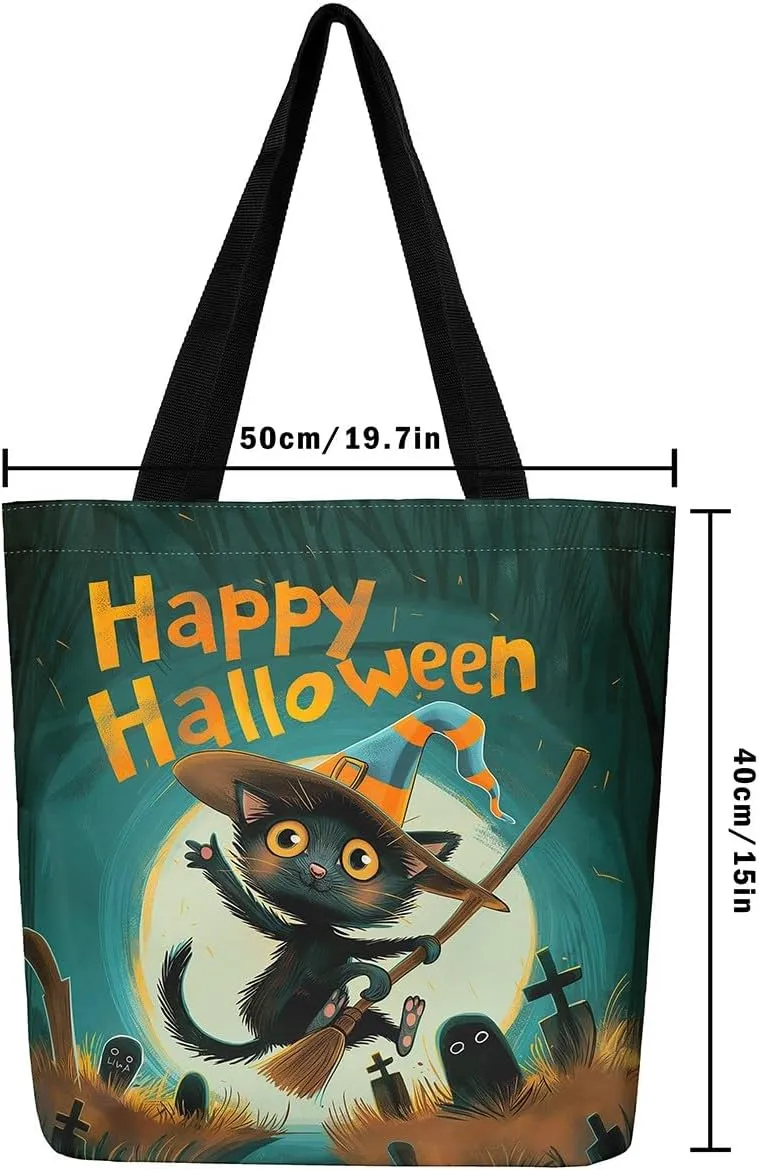 Castle Fairy Halloween Theme Canvas Tote Bag,Cartoon Pumpking Shopping Grocery Bags,Cute Animal Ghost Shoulder Handbags