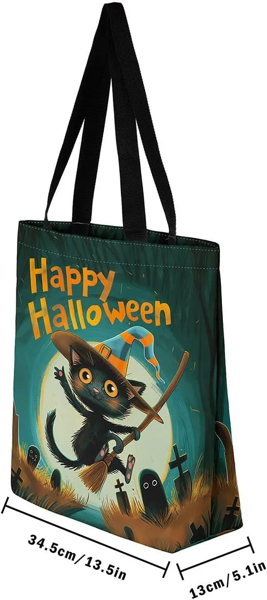 Castle Fairy Halloween Theme Canvas Tote Bag,Cartoon Pumpking Shopping Grocery Bags,Cute Animal Ghost Shoulder Handbags