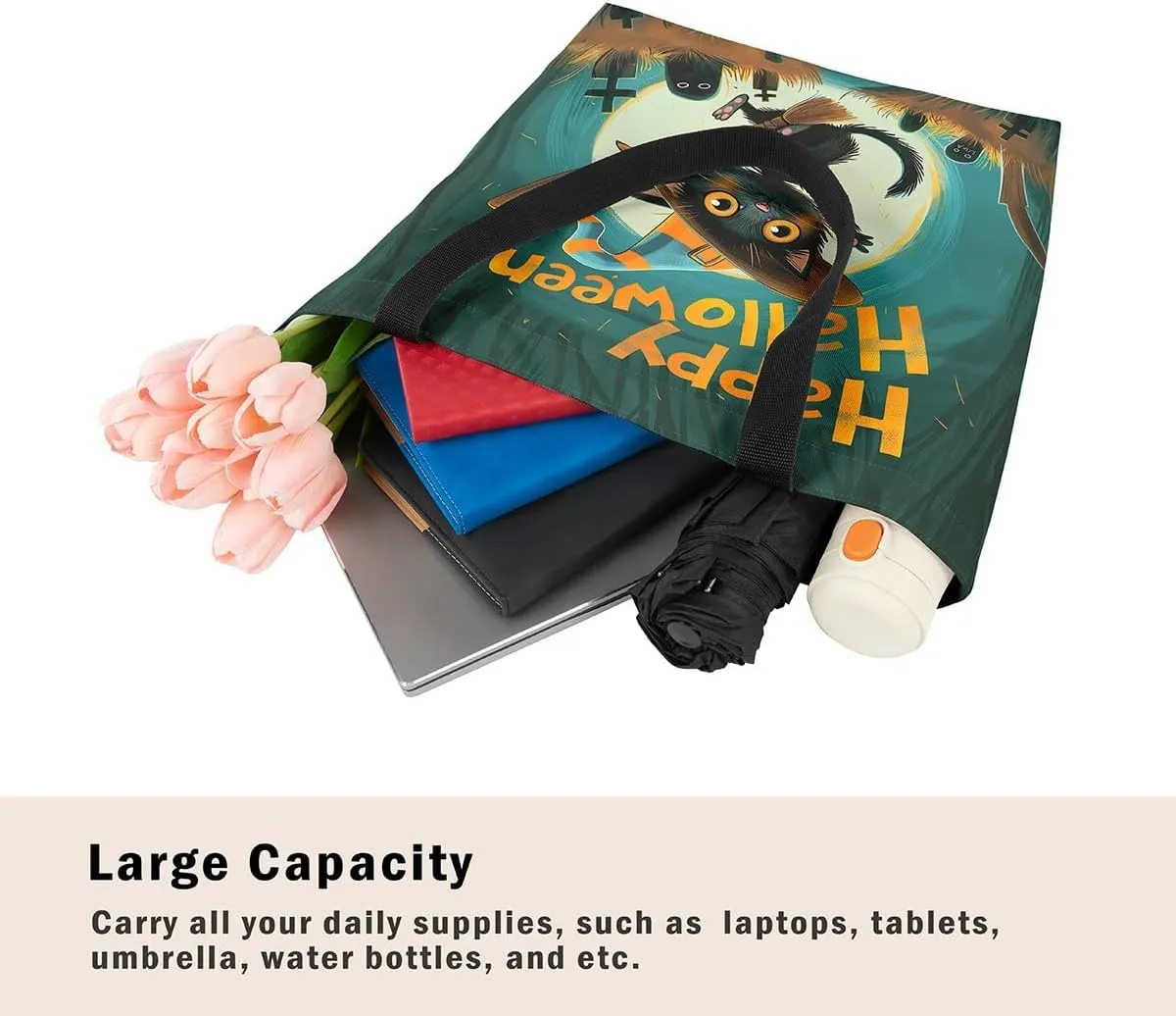 Castle Fairy Halloween Theme Canvas Tote Bag,Cartoon Pumpking Shopping Grocery Bags,Cute Animal Ghost Shoulder Handbags