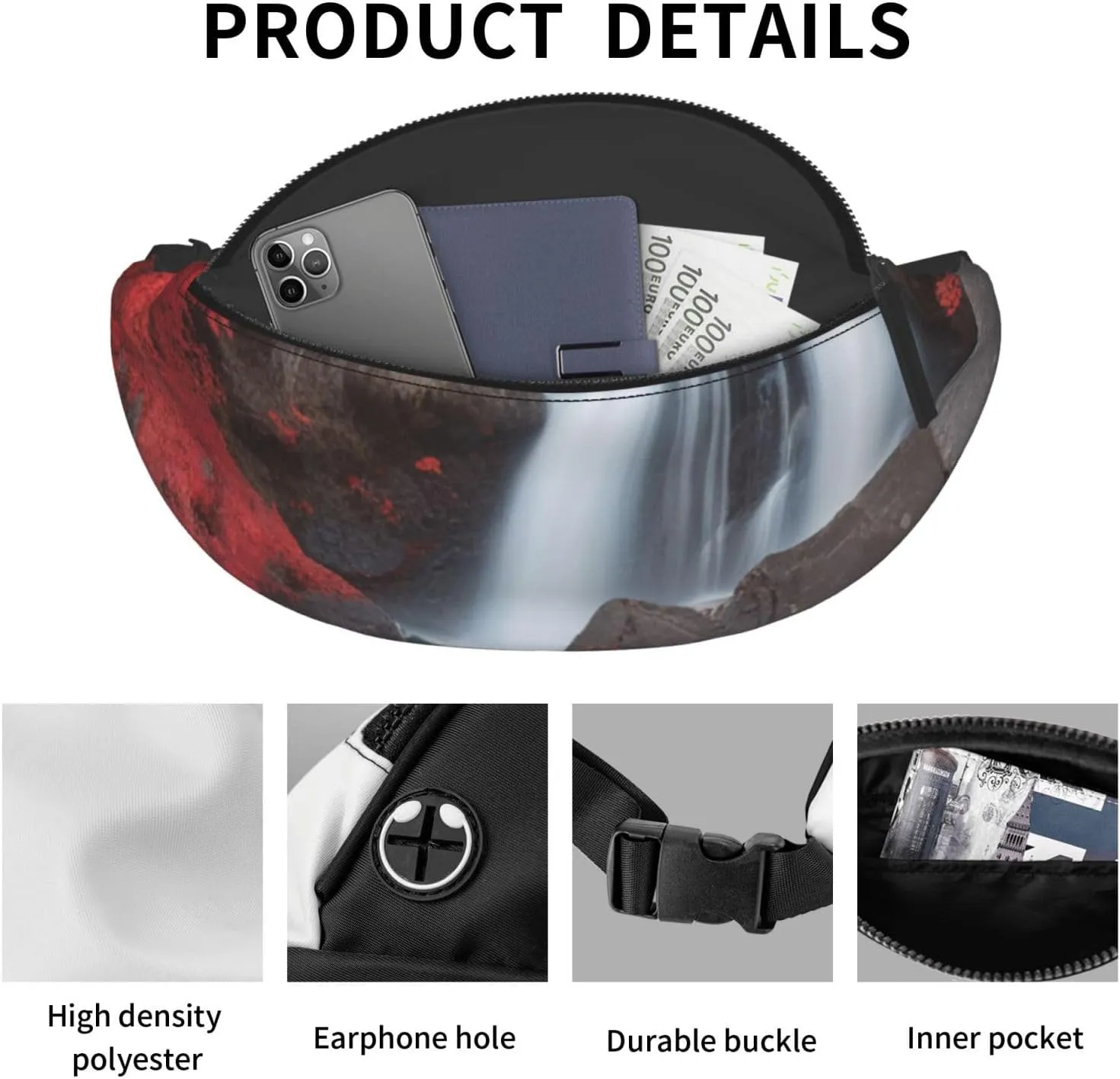 Casual Crimson Cascade Printed Fanny Pack,Crossbody Fanny packs for women Men Waist Bag for Running Travel