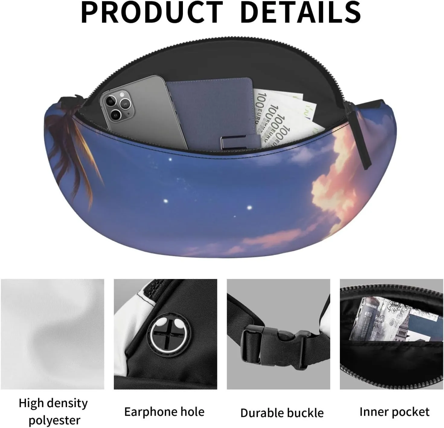 Casual Melodic Moonlight Printed Fanny Pack,Crossbody Fanny packs for women Men Waist Bag for Running Travel