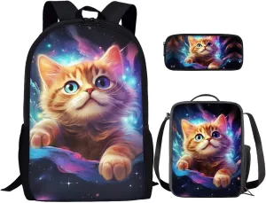 Cat Toddler Backpack and Lunch Box Set Boys Canvas Soft Girls School Bag Recycle Reusable Insulated Bags and Mini Pencil Case for School Work Travel