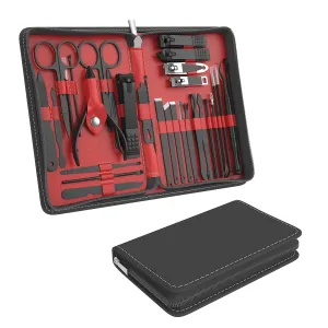 Cater Manicure Nail Clippers Kit - 31Pc Stainless Steel Nail Grooming Set with Luxurious Travel Case (Red)