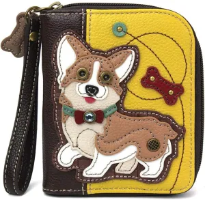 CHALA Zip Around Wallet, Wristlet, 8 Credit Card Slots, Sturdy Pu Leather - Corgi - Mustard