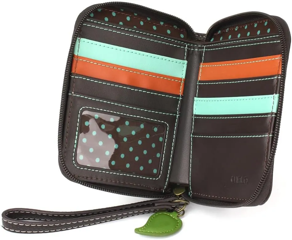 CHALA Zip Around Wallet, Wristlet, 8 Credit Card Slots, Sturdy Pu Leather - Sloth Family - Blue Stripe