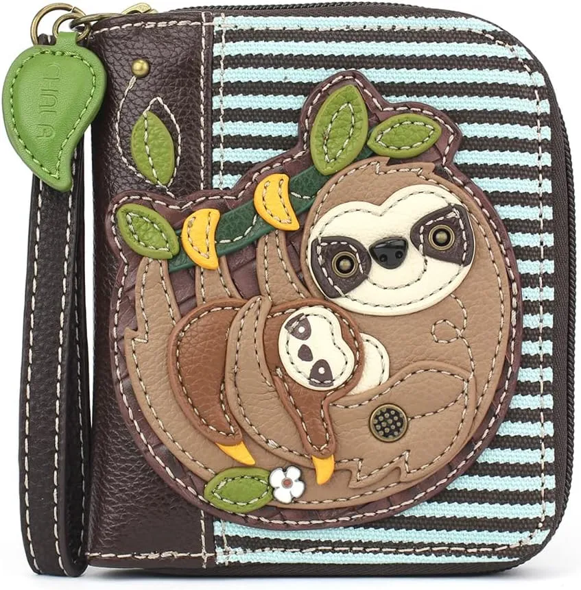 CHALA Zip Around Wallet, Wristlet, 8 Credit Card Slots, Sturdy Pu Leather - Sloth Family - Blue Stripe