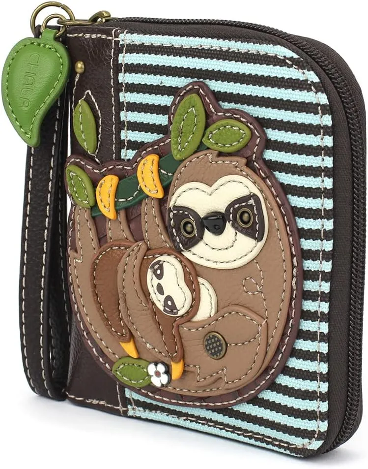 CHALA Zip Around Wallet, Wristlet, 8 Credit Card Slots, Sturdy Pu Leather - Sloth Family - Blue Stripe