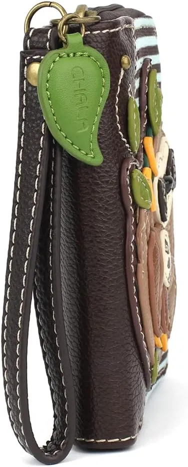 CHALA Zip Around Wallet, Wristlet, 8 Credit Card Slots, Sturdy Pu Leather - Sloth Family - Blue Stripe