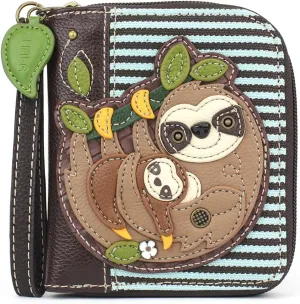 CHALA Zip Around Wallet, Wristlet, 8 Credit Card Slots, Sturdy Pu Leather - Sloth Family - Blue Stripe