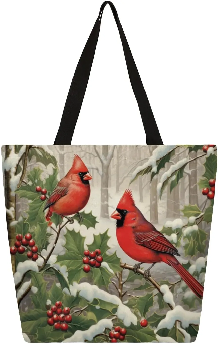 Christmas Birds Winter Canvas Tote Bag for Women Heavy Duty Canvas Bag Beach Bags Reusable Grocery Shopping Bags Tote Bag Gym Shoulder Bag with Inner Pocket