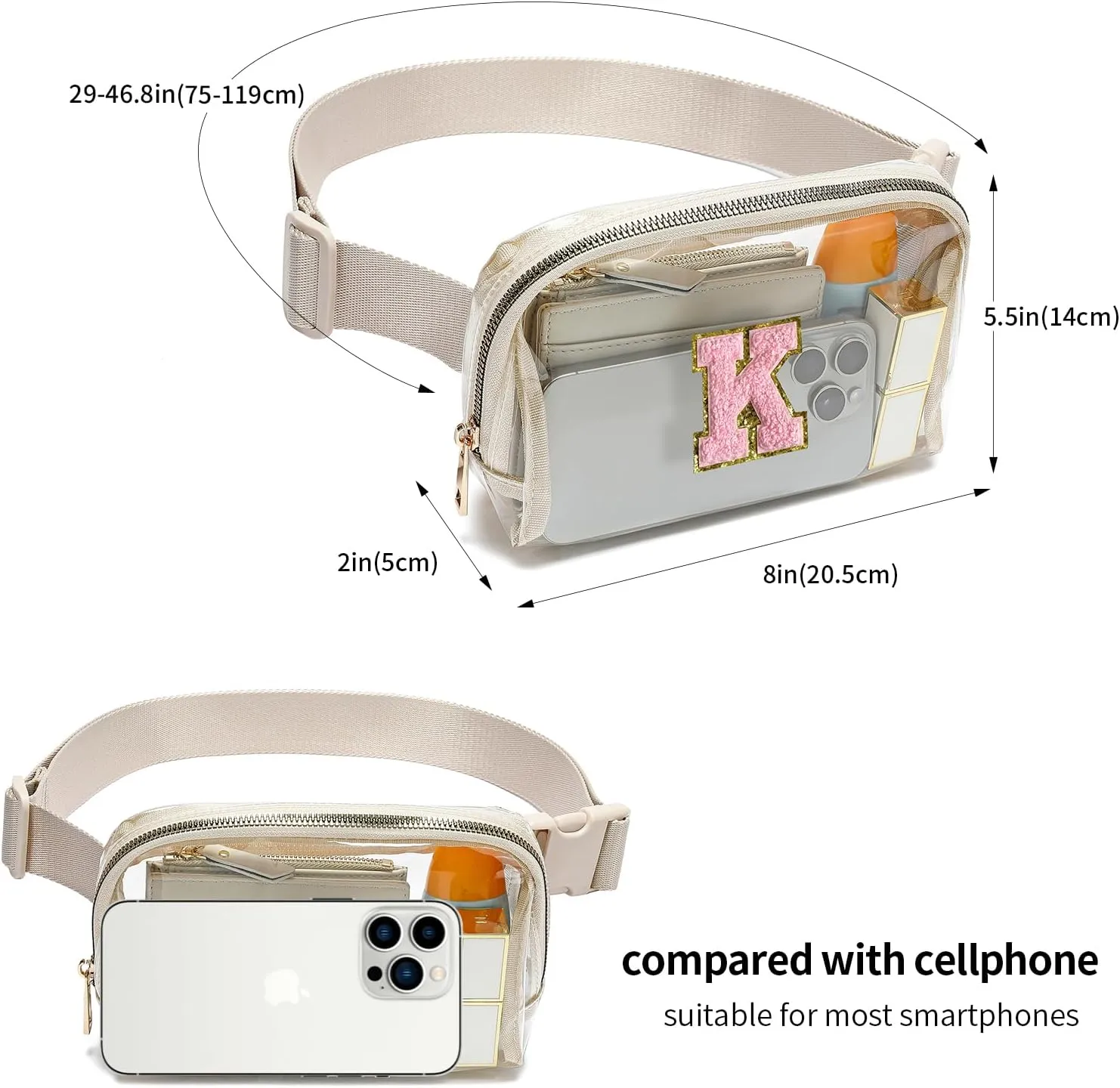 Clear Fanny Pack Belt Bag Stadium Approved for Women Men with Inital Letters Adjustable Strap Water-resistant Waist bag Clear Purse(Beige,K)