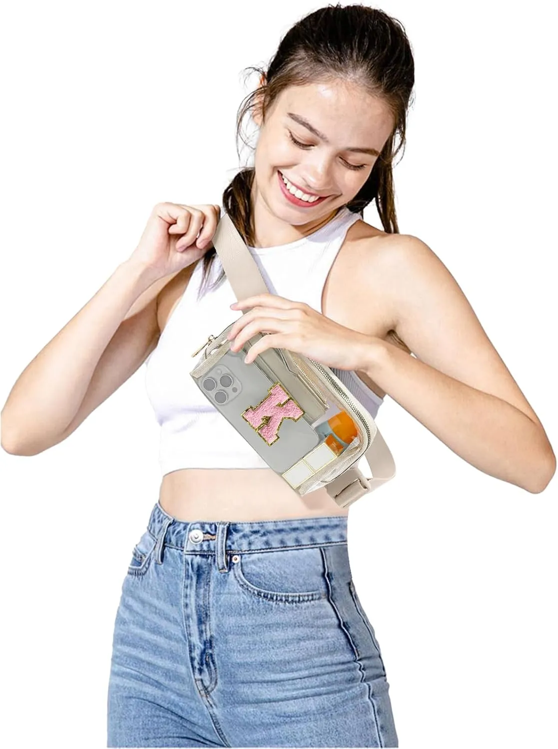 Clear Fanny Pack Belt Bag Stadium Approved for Women Men with Inital Letters Adjustable Strap Water-resistant Waist bag Clear Purse(Beige,K)