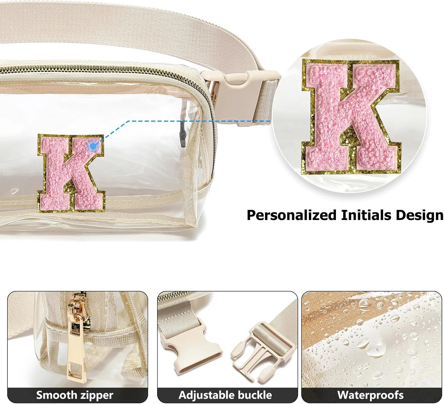 Clear Fanny Pack Belt Bag Stadium Approved for Women Men with Inital Letters Adjustable Strap Water-resistant Waist bag Clear Purse(Beige,K)