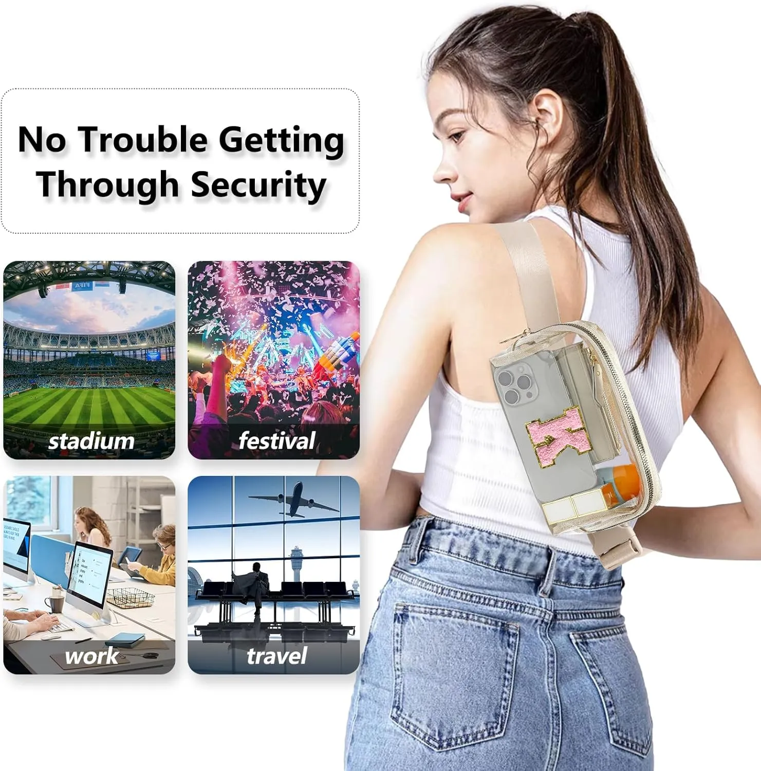 Clear Fanny Pack Belt Bag Stadium Approved for Women Men with Inital Letters Adjustable Strap Water-resistant Waist bag Clear Purse(Beige,K)