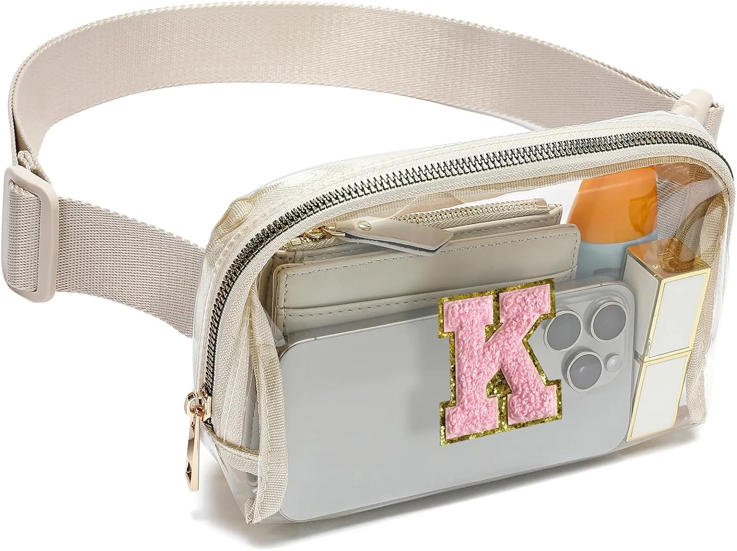 Clear Fanny Pack Belt Bag Stadium Approved for Women Men with Inital Letters Adjustable Strap Water-resistant Waist bag Clear Purse(Beige,K)