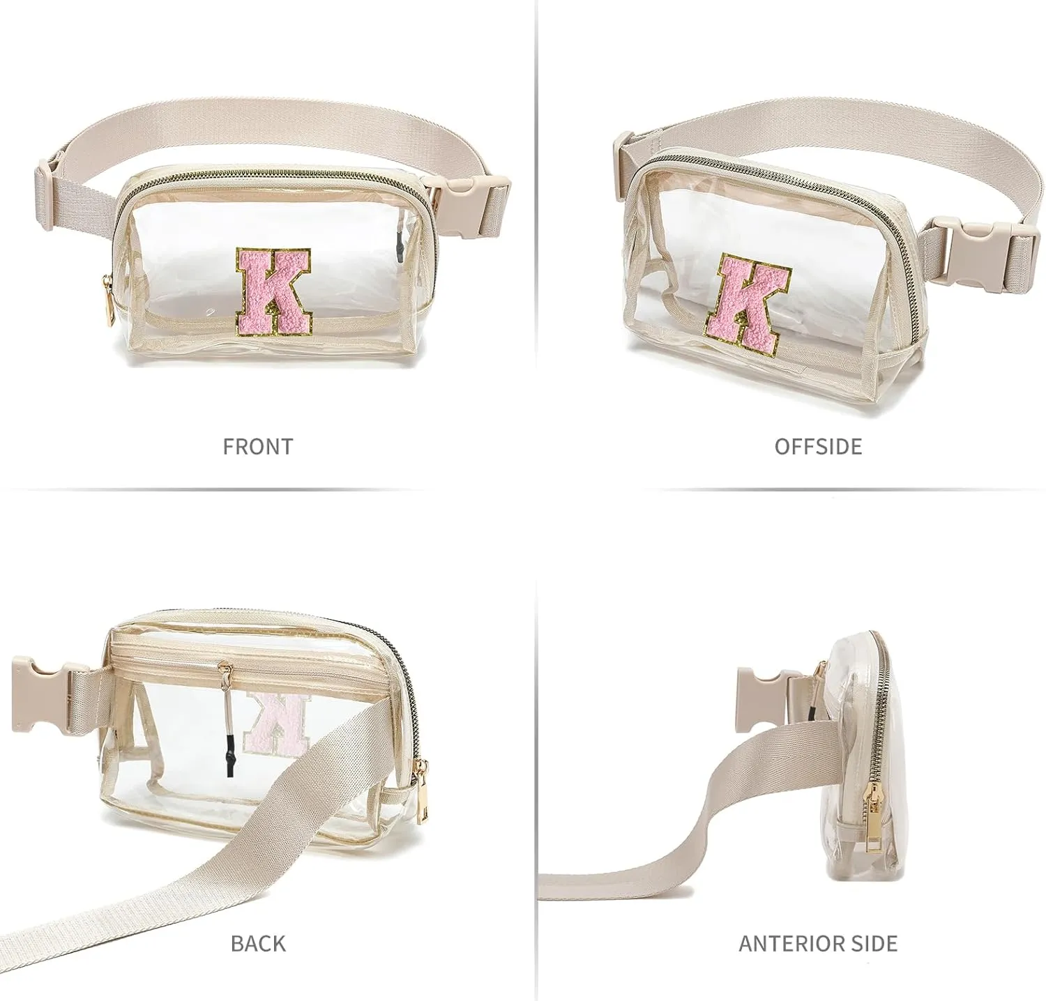 Clear Fanny Pack Belt Bag Stadium Approved for Women Men with Inital Letters Adjustable Strap Water-resistant Waist bag Clear Purse(Beige,K)