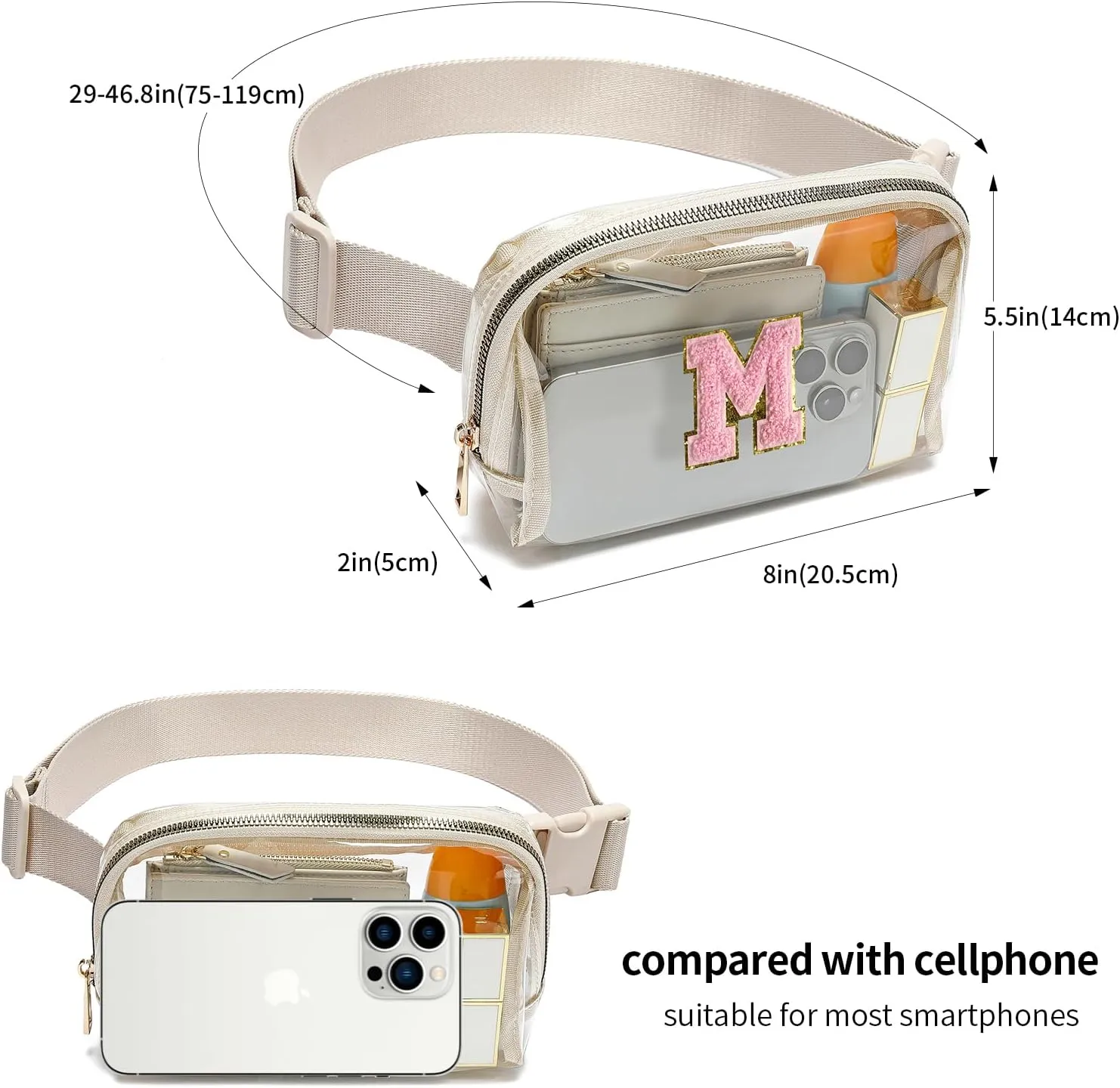 Clear Fanny Pack Belt Bag Stadium Approved for Women Men with Inital Letters Adjustable Strap Water-resistant Waist bag Clear Purse(Beige,M)