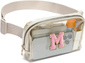 Clear Fanny Pack Belt Bag Stadium Approved for Women Men with Inital Letters Adjustable Strap Water-resistant Waist bag Clear Purse(Beige,M)