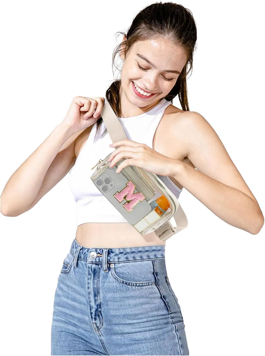 Clear Fanny Pack Belt Bag Stadium Approved for Women Men with Inital Letters Adjustable Strap Water-resistant Waist bag Clear Purse(Beige,M)