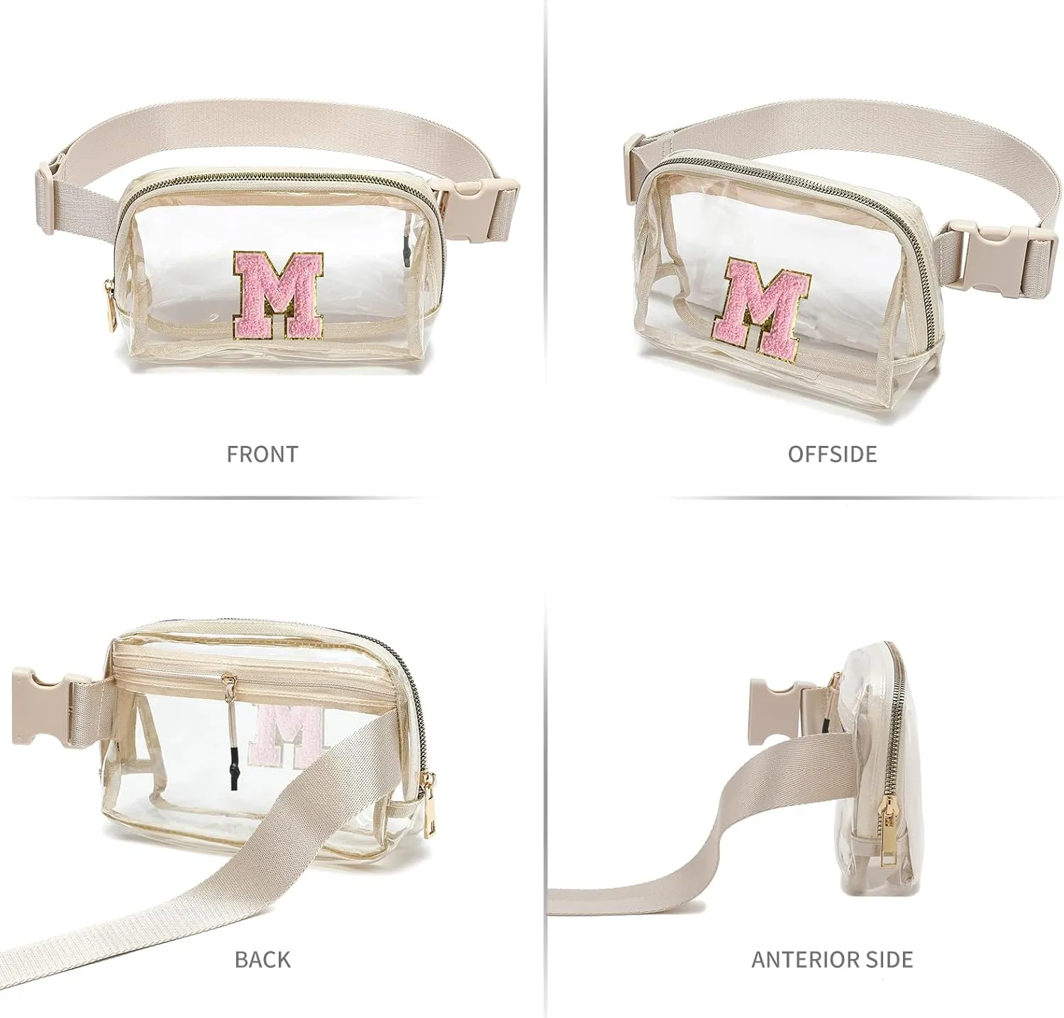 Clear Fanny Pack Belt Bag Stadium Approved for Women Men with Inital Letters Adjustable Strap Water-resistant Waist bag Clear Purse(Beige,M)