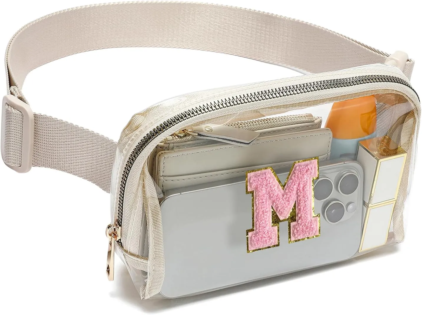 Clear Fanny Pack Belt Bag Stadium Approved for Women Men with Inital Letters Adjustable Strap Water-resistant Waist bag Clear Purse(Beige,M)
