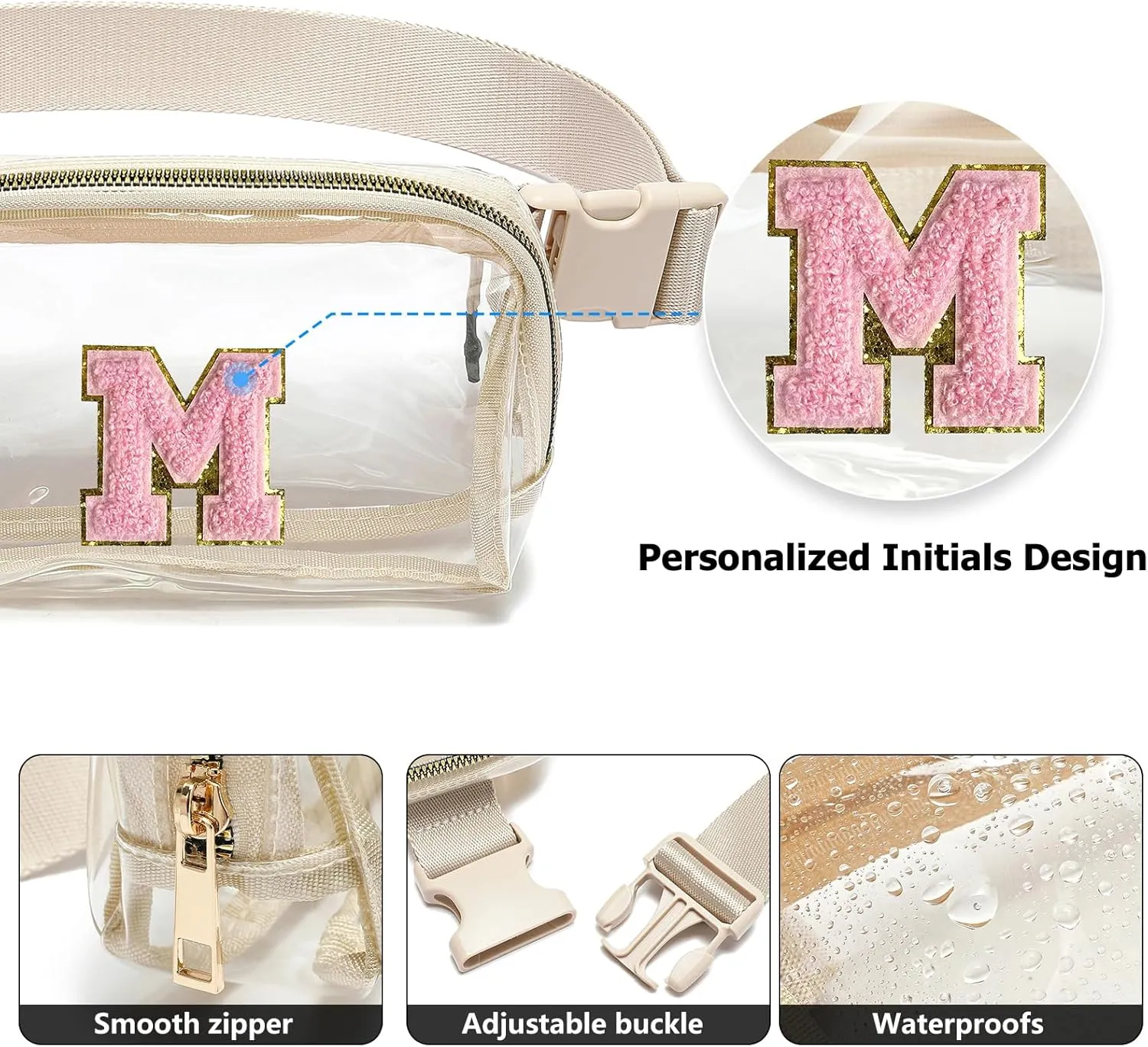 Clear Fanny Pack Belt Bag Stadium Approved for Women Men with Inital Letters Adjustable Strap Water-resistant Waist bag Clear Purse(Beige,M)