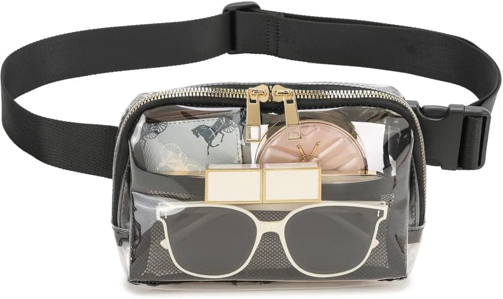 Clear Fanny Pack, Waterproof Fanny Packs For Women Clear Plastic Purse With Adjustable Belt For Sports Party Beach Cycling Black